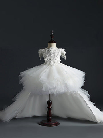 Ball Gown Off-the-Shoulder Sleeveless Flower Girl Dress With Lace Embroidery & Watteau Train