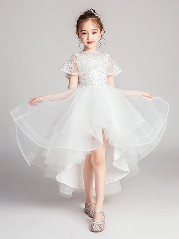 A-Line/Princess Jewel Neck Flutter Sleeves Asymmetrical Flower Girl Dresseswith Lace Appliques