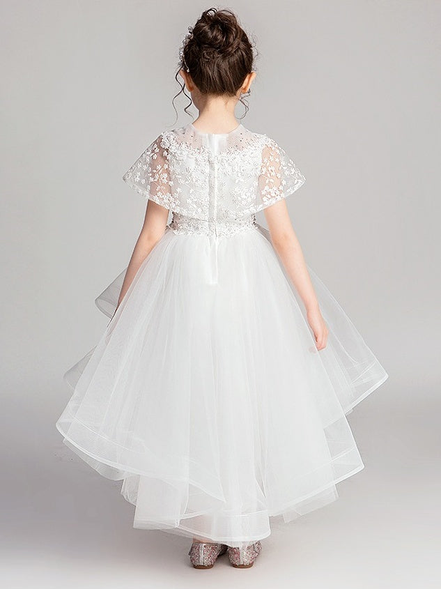 A-Line/Princess Jewel Neck Flutter Sleeves Asymmetrical Flower Girl Dresseswith Lace Appliques