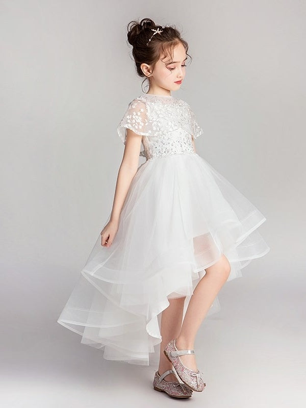 A-Line/Princess Jewel Neck Flutter Sleeves Asymmetrical Flower Girl Dresseswith Lace Appliques