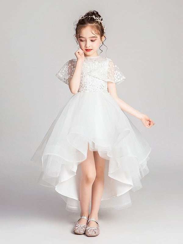 A-Line/Princess Jewel Neck Flutter Sleeves Asymmetrical Flower Girl Dresseswith Lace Appliques