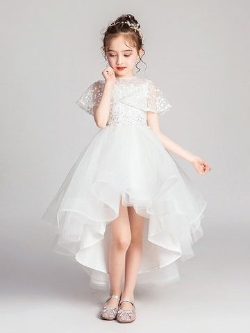 A-Line/Princess Jewel Neck Flutter Sleeves Asymmetrical Flower Girl Dresseswith Lace Appliques