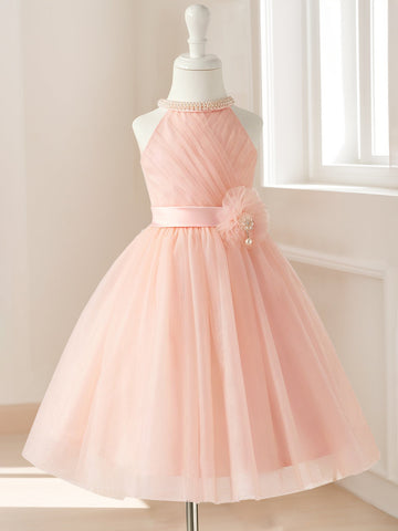 A-Line/Princess Halter Sleeveless Knee-Length Ruched Flower Girl Dresses with Sash & Pearls & Self-tie