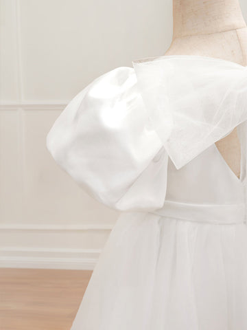 Ball Gown V-Neck Short Sleeves Floor-Length Flower Girl Dress with Beads & Bowknot