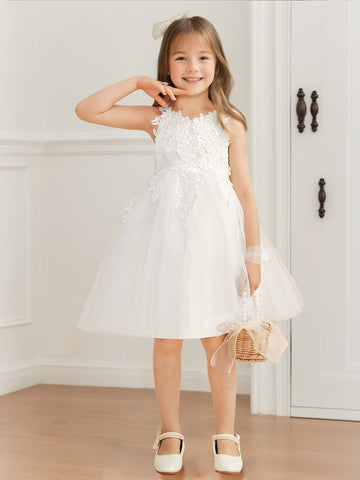 A-Line/Princess V-Neck Tulle Sleeveless Flower Girl Dresses with Bow & Appliques