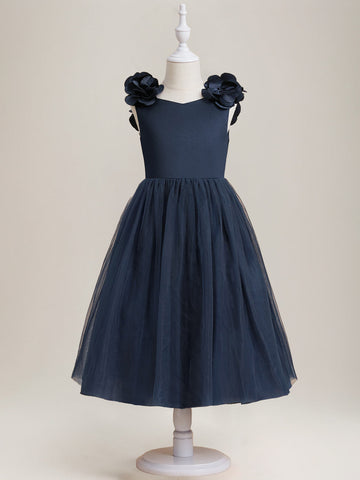 A-Line/Princess V-Neck Sleeveless Tea-Length Flower Girl Dresses with Bow & 3D Flowers