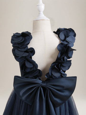 A-Line/Princess V-Neck Sleeveless Tea-Length Flower Girl Dresses with Bow & 3D Flowers
