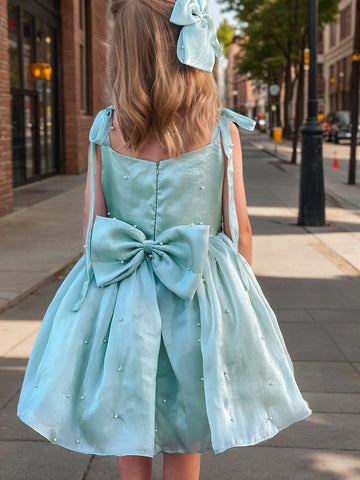 A-Line/Princess Square Neckline Sleeveless Knee-Length Pleated Birthday Girl Dresses with Bow & Pearls & Self-tie & Detachable Train