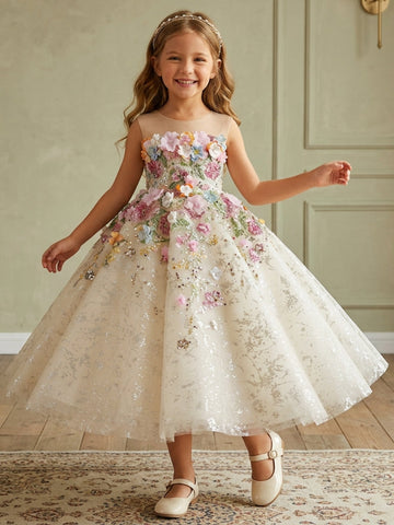 A-Line/Princess Scoop Tulle Flower Girl Dresses With 3D Flowers Tea-Length