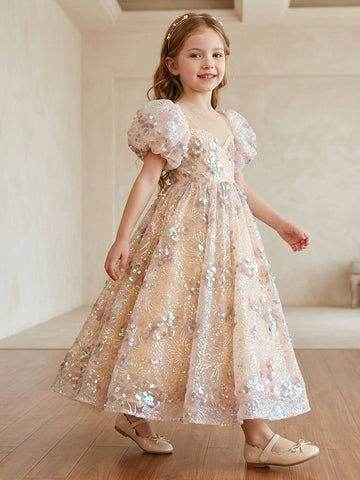 A-Line/Princess Scoop Sequins Flower Girl Dresses Puff Sleeves Ankle-Length