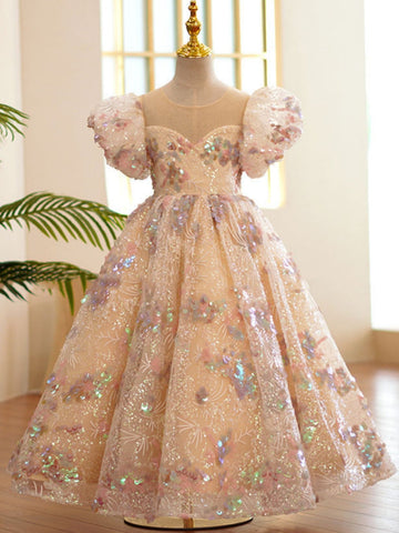 A-Line/Princess Scoop Sequins Flower Girl Dresses Puff Sleeves Ankle-Length