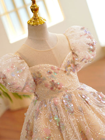 A-Line/Princess Scoop Sequins Flower Girl Dresses Puff Sleeves Ankle-Length