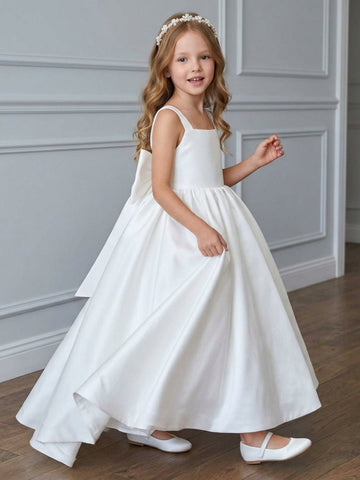 A-Line/Princess Square Collar Flower Girl Dresses with Bow Ankle Length Sleeveless