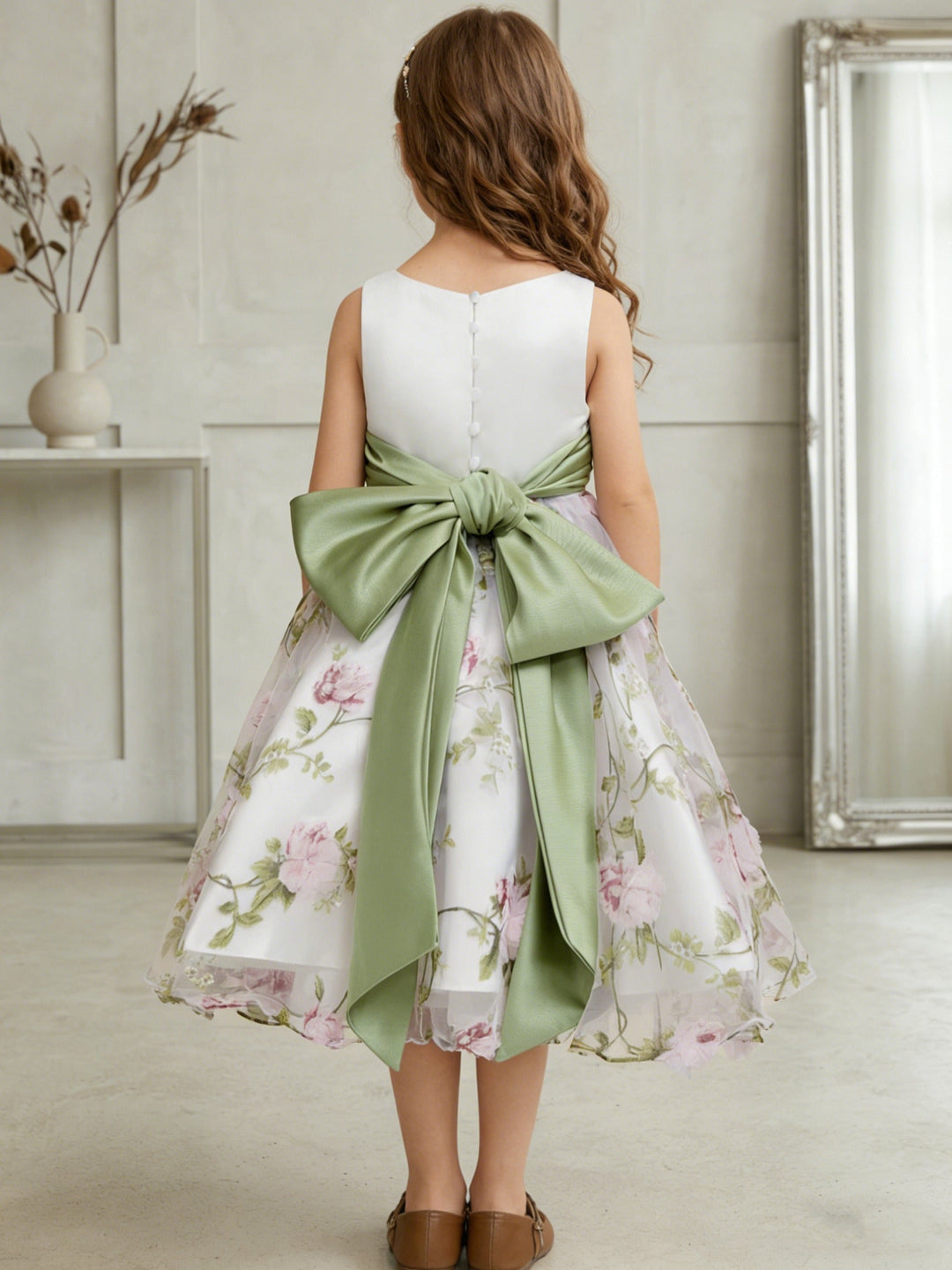 A-Line/Princess Scoop Flower Girl Dresses with Bowknot Floral Tulle Tea Length Sleeveless