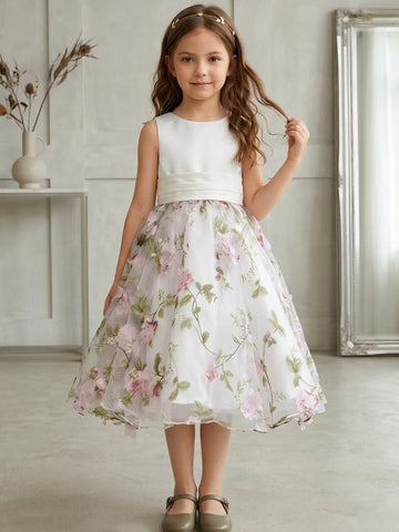 A-Line/Princess Scoop Flower Girl Dresses with Bowknot Floral Tulle Tea Length Sleeveless