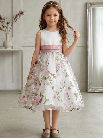 A-Line/Princess Scoop Flower Girl Dresses with Bowknot Floral Tulle Tea Length Sleeveless