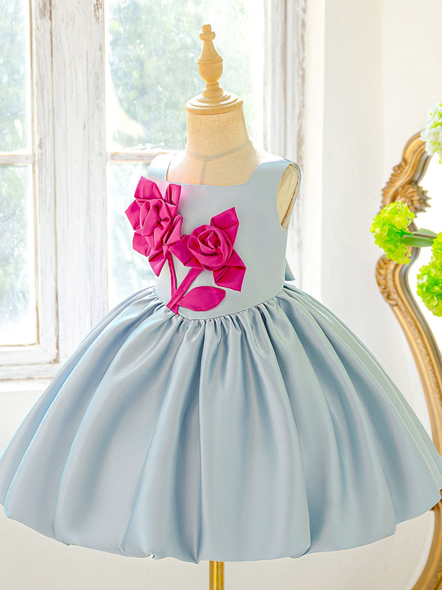 A-Line/Princess Square Collar Satin Flower Girl Dresses With 3D Flowers Knee-Length Sleeveless