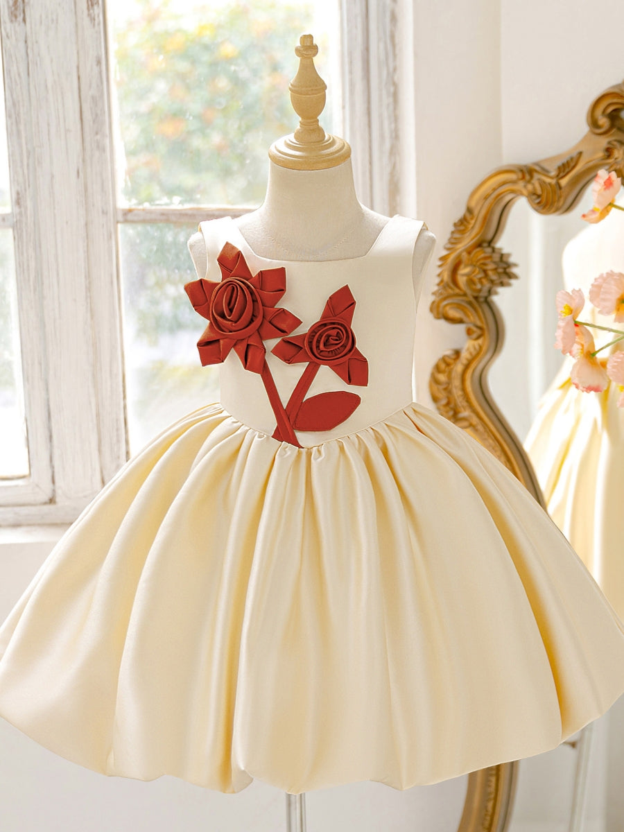 A-Line/Princess Square Collar Satin Flower Girl Dresses With 3D Flowers Knee-Length Sleeveless