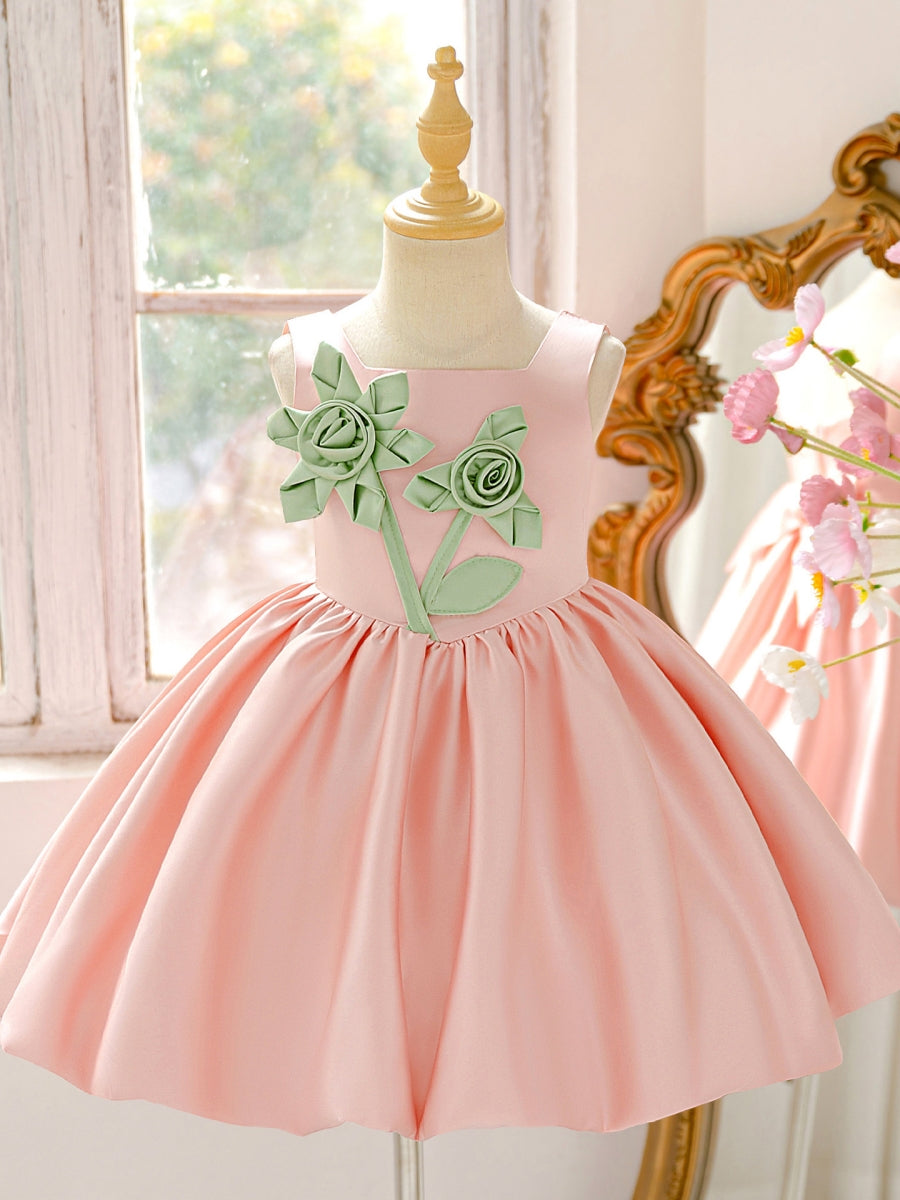 A-Line/Princess Square Collar Satin Flower Girl Dresses With 3D Flowers Knee-Length Sleeveless