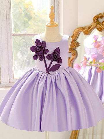 A-Line/Princess Square Collar Satin Flower Girl Dresses With 3D Flowers Knee-Length Sleeveless