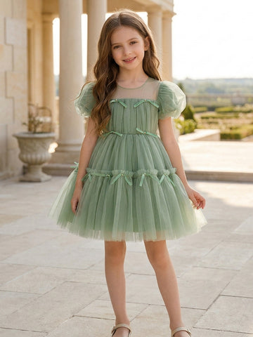 A-Line/Princess Scoop Tulle Flower Girl Dresses with Bowknot Puff Sleeves Knee-Length