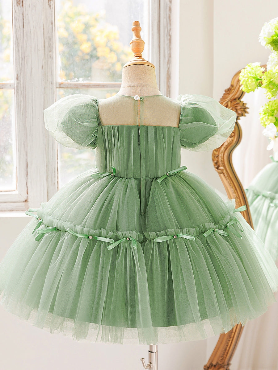 A-Line/Princess Scoop Tulle Flower Girl Dresses with Bowknot Puff Sleeves Knee-Length