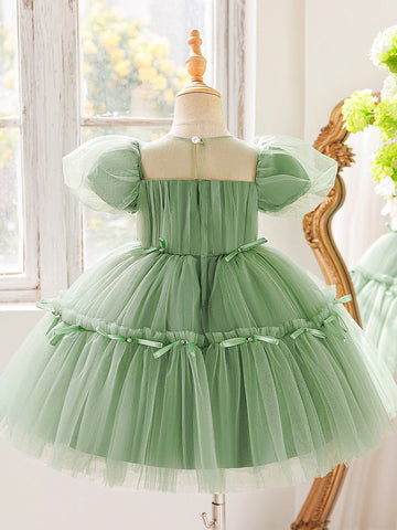 A-Line/Princess Scoop Tulle Flower Girl Dresses with Bowknot Puff Sleeves Knee-Length