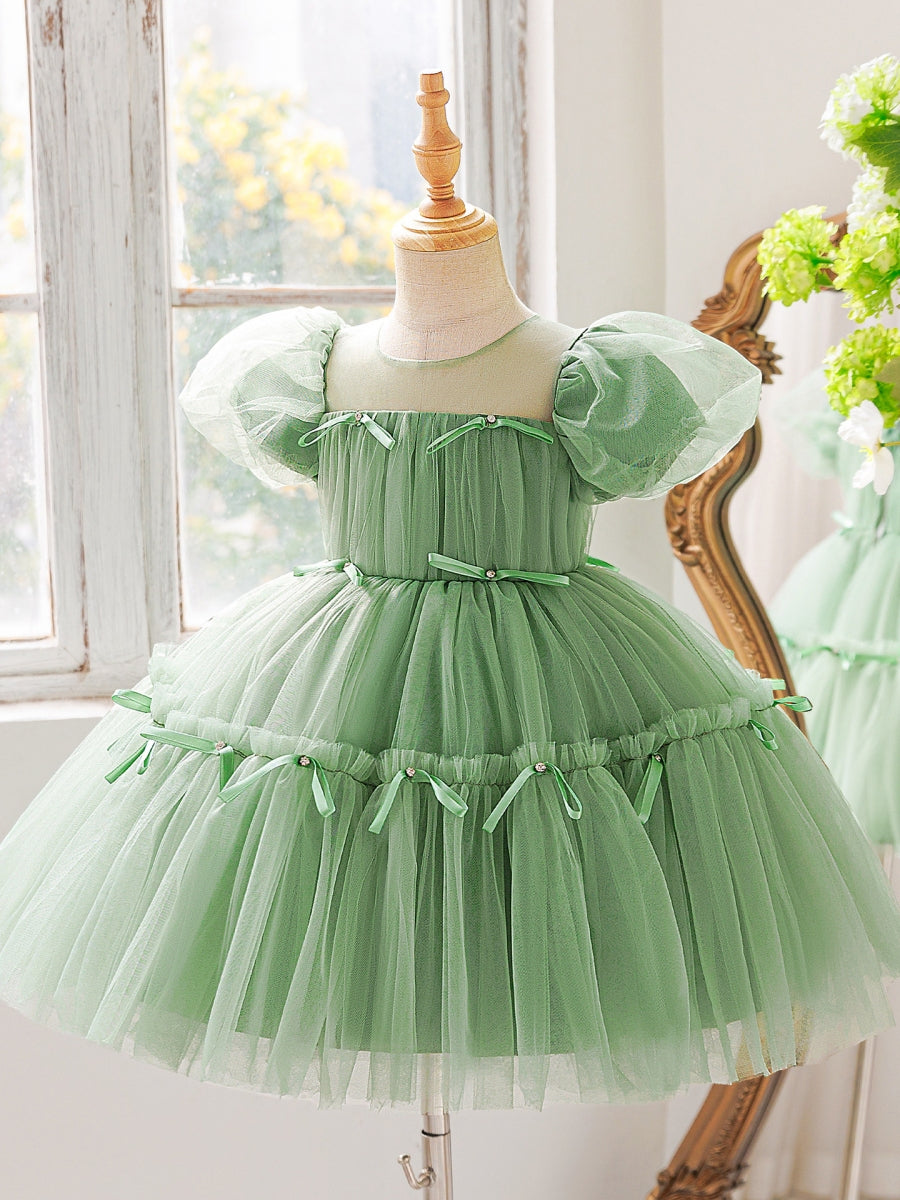 A-Line/Princess Scoop Tulle Flower Girl Dresses with Bowknot Puff Sleeves Knee-Length