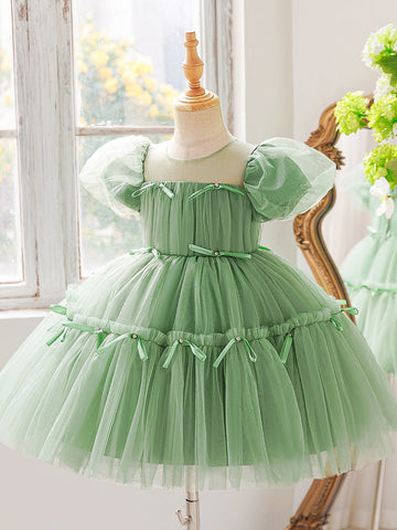 A-Line/Princess Scoop Tulle Flower Girl Dresses with Bowknot Puff Sleeves Knee-Length