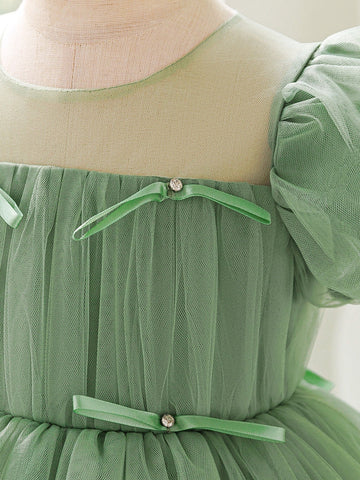 A-Line/Princess Scoop Tulle Flower Girl Dresses with Bowknot Puff Sleeves Knee-Length