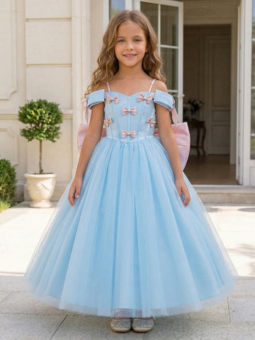 A-Line/Princess Off-the-Shoulder Tulle Flower Girl Dresses with Bowknot Satin Sleeveless Ankle-Length