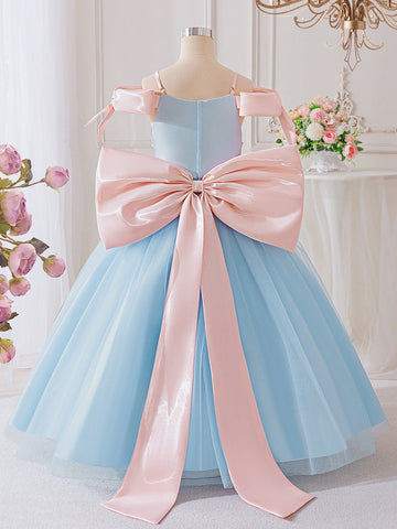A-Line/Princess Off-the-Shoulder Tulle Flower Girl Dresses with Bowknot Satin Sleeveless Ankle-Length