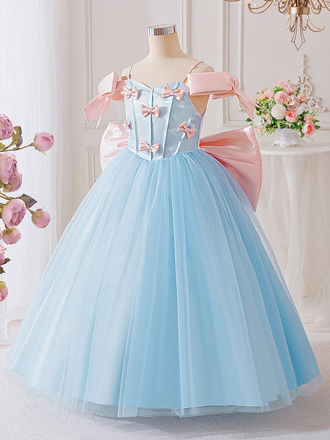 A-Line/Princess Off-the-Shoulder Tulle Flower Girl Dresses with Bowknot Satin Sleeveless Ankle-Length