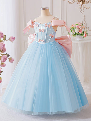 A-Line/Princess Off-the-Shoulder Tulle Flower Girl Dresses with Bowknot Satin Sleeveless Ankle-Length