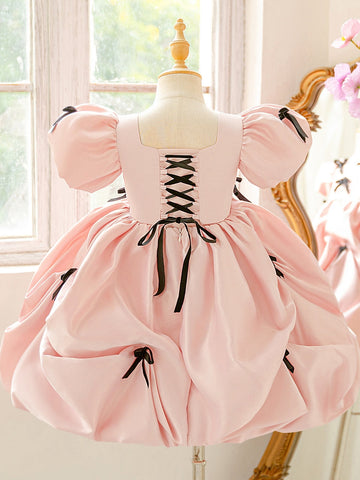 A-Line/Princess Square Collar Satin Flower Girl Dresses Puff Sleeves Bowknot Knee-Length