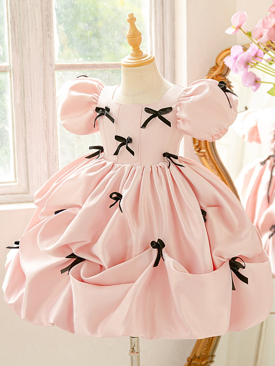 A-Line/Princess Square Collar Satin Flower Girl Dresses Puff Sleeves Bowknot Knee-Length