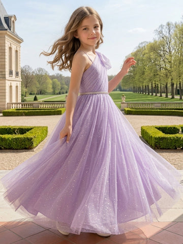 A-Line/Princess One-Shoulder Tulle Flower Girl Dresses Sleeveless Ankle-Length Ruched