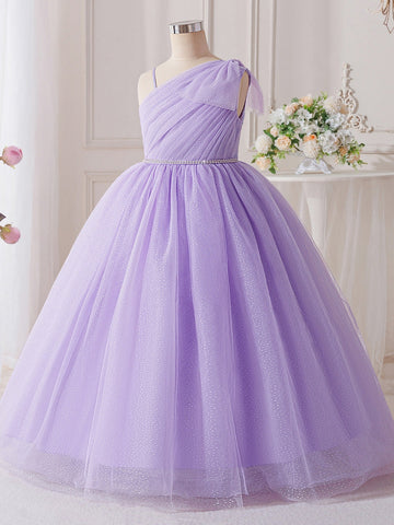 A-Line/Princess One-Shoulder Tulle Flower Girl Dresses Sleeveless Ankle-Length Ruched