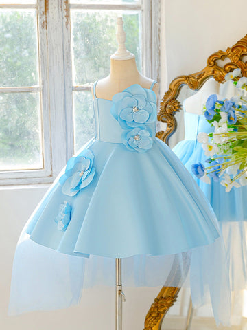 A-Line/Princess Spaghetti Straps Satin Flower Girl Dresses With 3D Flowers Knee-Length Tulle Sleeveless