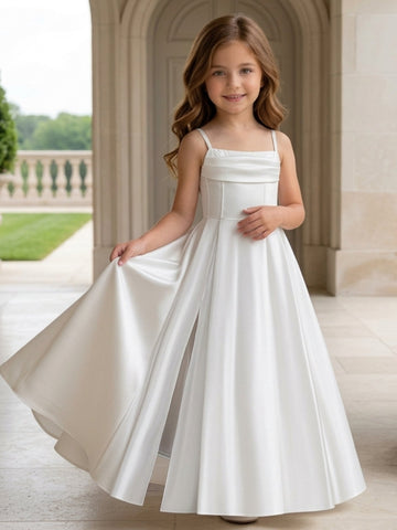 A-Line/Princess Spaghetti Straps Satin Flower Girl Dresses With Split Side Ankle-Length Sleeveless