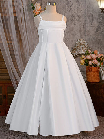 A-Line/Princess Spaghetti Straps Satin Flower Girl Dresses With Split Side Ankle-Length Sleeveless