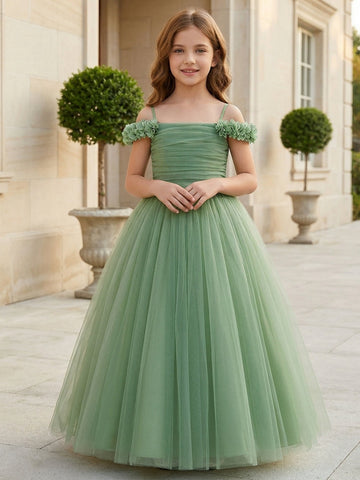 A-Line/Princess Off-the-Shoulder Tulle Flower Girl Dresses Sleeveless Ankle-Length Ruched