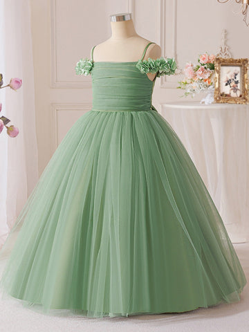 A-Line/Princess Off-the-Shoulder Tulle Flower Girl Dresses Sleeveless Ankle-Length Ruched