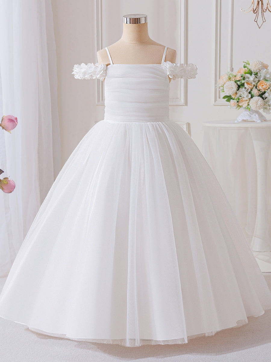 A-Line/Princess Off-the-Shoulder Tulle Flower Girl Dresses Sleeveless Ankle-Length Ruched