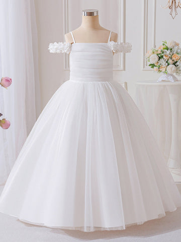 A-Line/Princess Off-the-Shoulder Tulle Flower Girl Dresses Sleeveless Ankle-Length Ruched