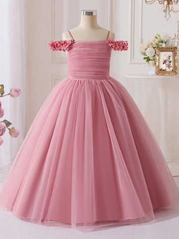 A-Line/Princess Off-the-Shoulder Tulle Flower Girl Dresses Sleeveless Ankle-Length Ruched