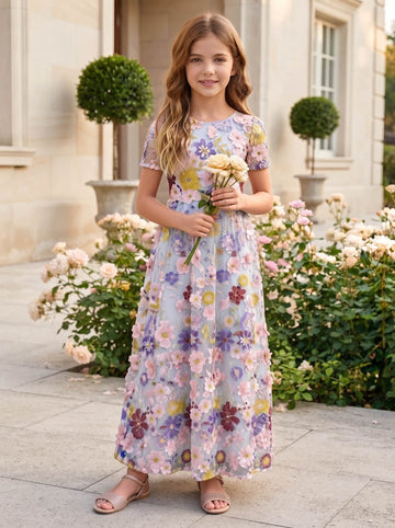 A-Line/Princess Scoop Short Sleeves Tea-Length Flower Girl Dresses Embroidery with 3D Flowers
