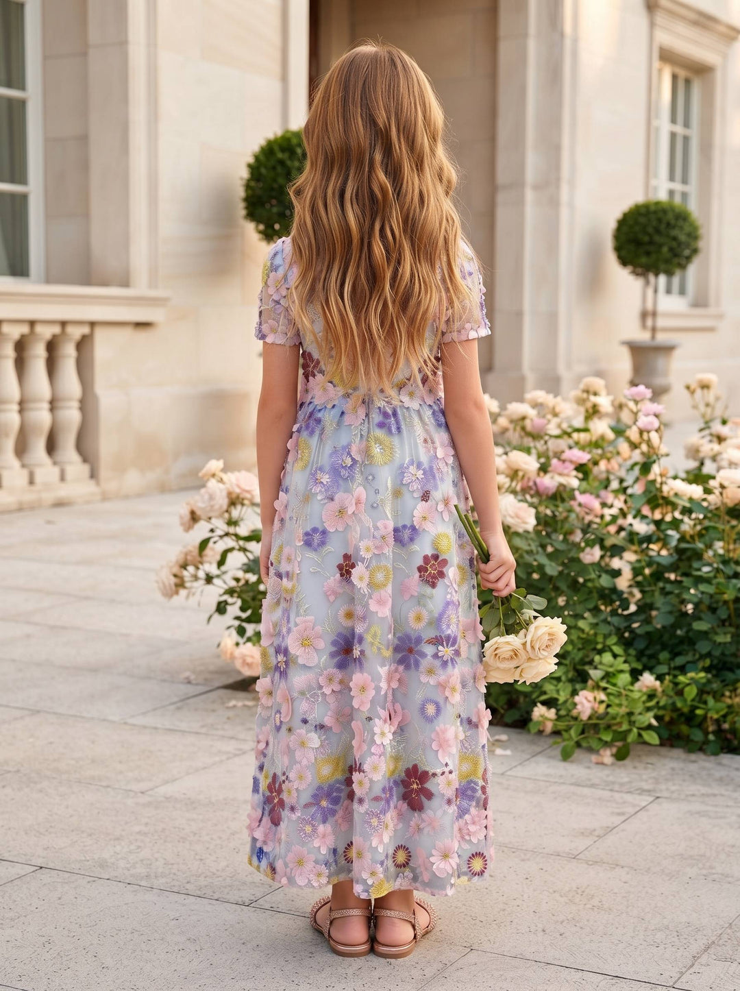 A-Line/Princess Scoop Short Sleeves Tea-Length Flower Girl Dresses Embroidery with 3D Flowers