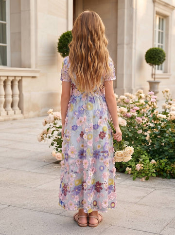 A-Line/Princess Scoop Short Sleeves Tea-Length Flower Girl Dresses Embroidery with 3D Flowers
