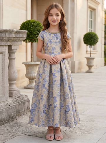 A-Line/Princess Scoop Short Sleeves Ankle-Length Flower Girl Dresses Jacquard Floral
